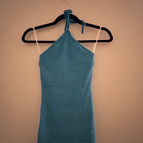 Blue Halter Dress Asymmetrical Fringe, XS - Picture 3 of 8